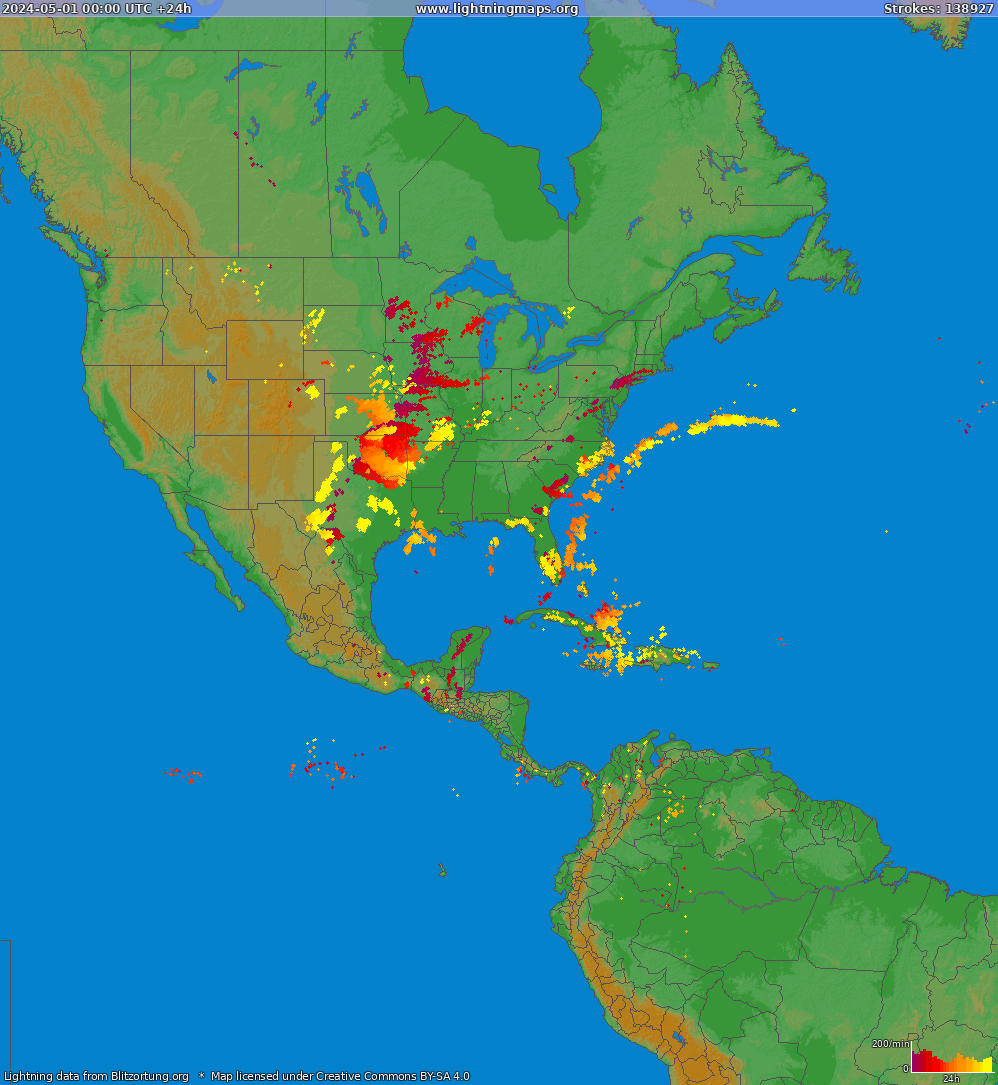 Mapa blesků North America 01.05.2024