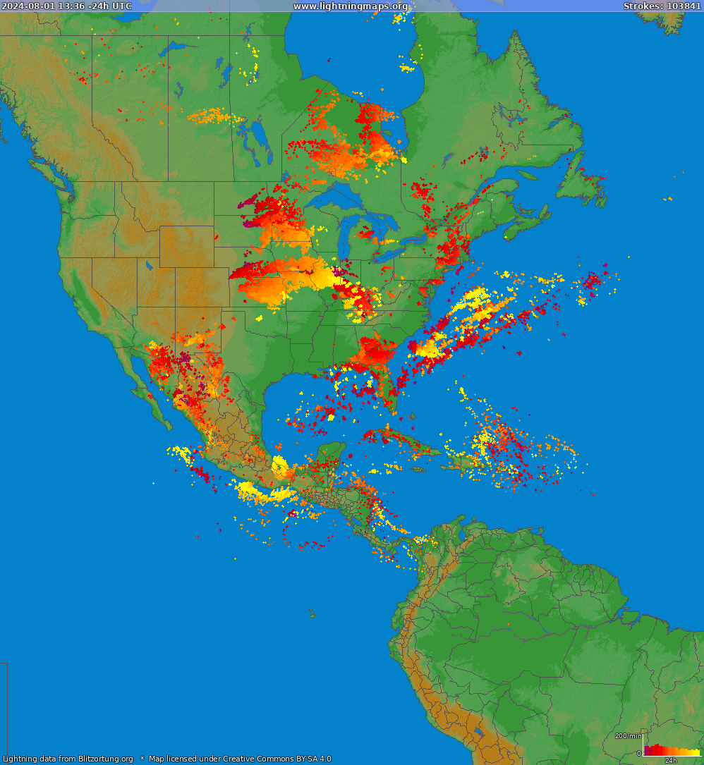 Lightning map North America 2024-05-10 18:13:01 UTC