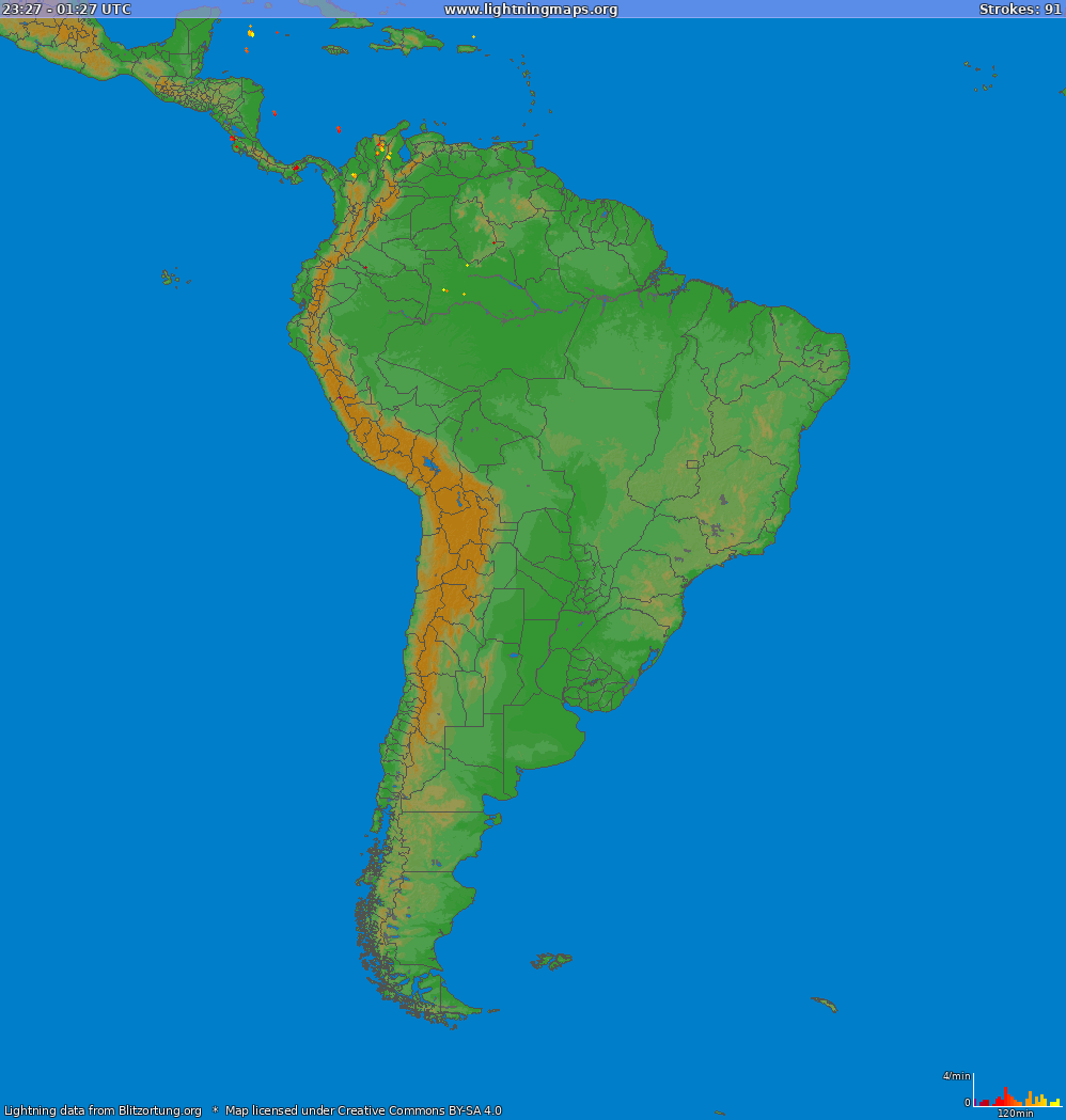 Mapa blesků South America 29.04.2024 04:16:55 UTC