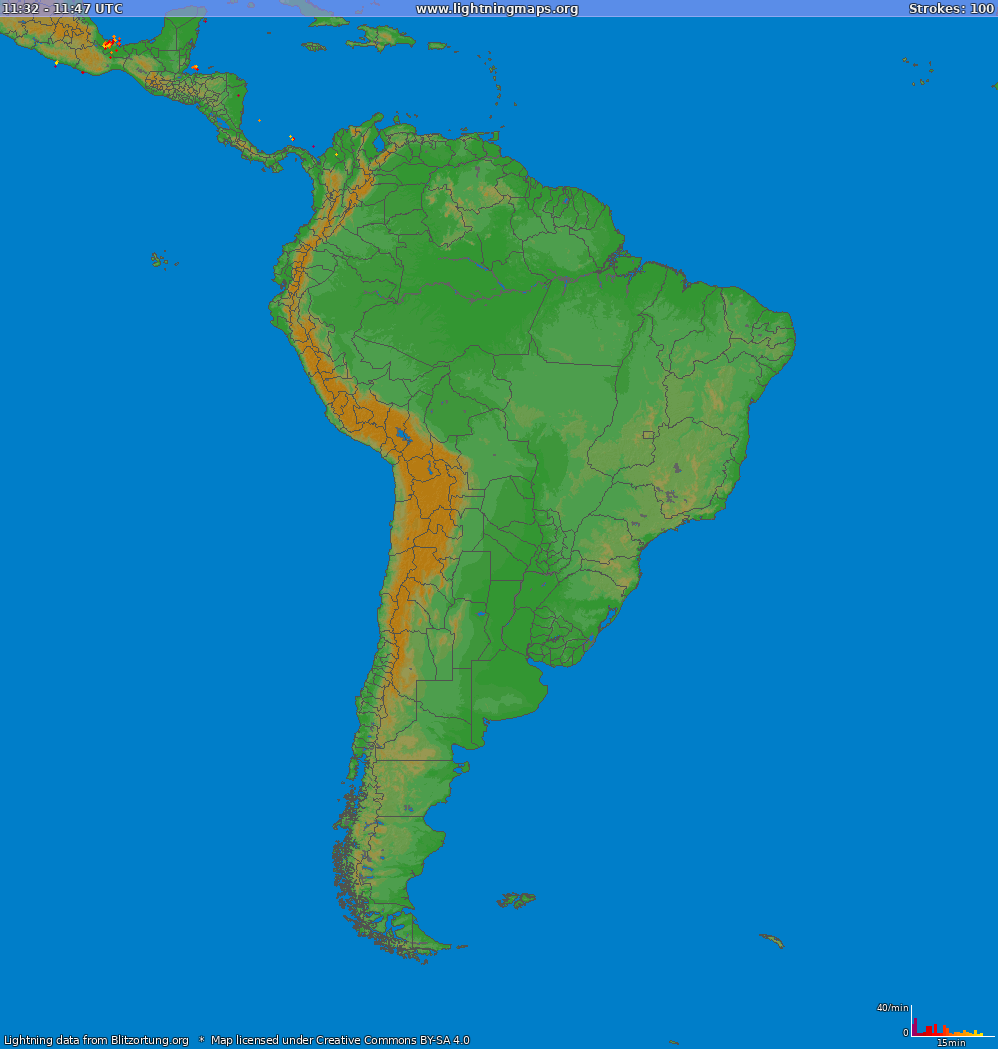 Mapa wyładowań Ameryka Południowa 2024-05-31 3:36:57 UTC