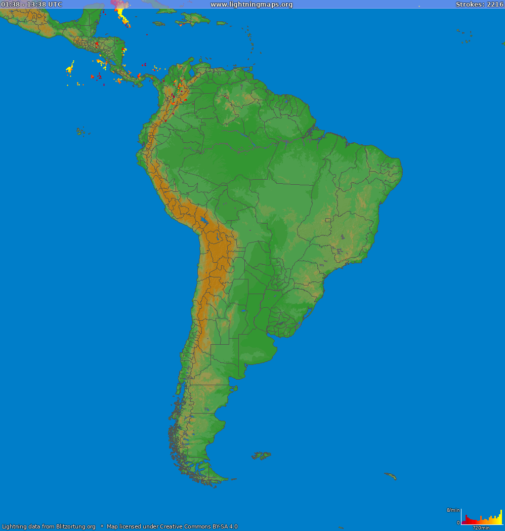 Bliksem kaart South America 08.06.2024 06:08:58 UTC