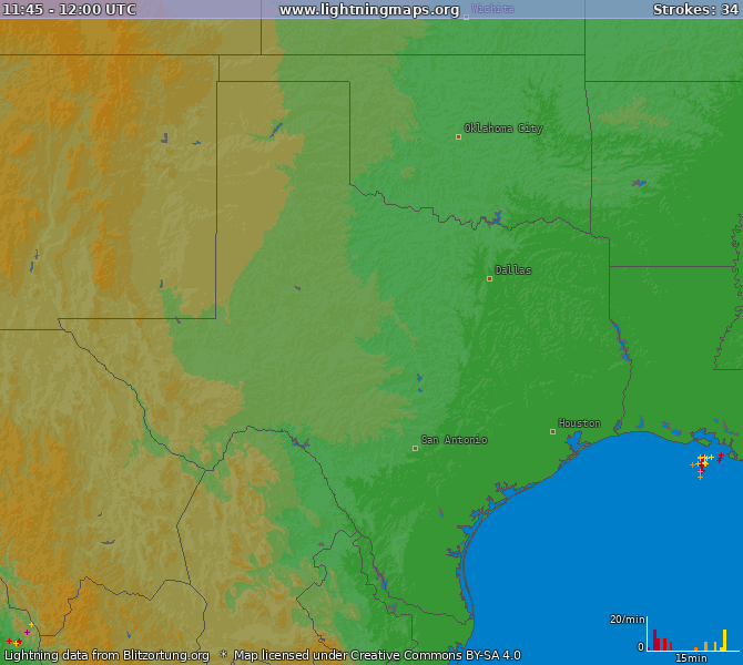 Mappa dei fulmini Texas 02.05.2024 03:39:01 UTC