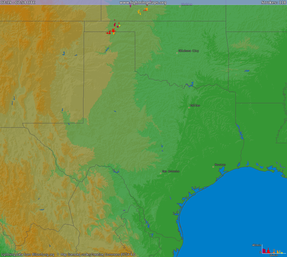 Mapa blesků Texas (Big) 19.09.2024 10:18:02 UTC