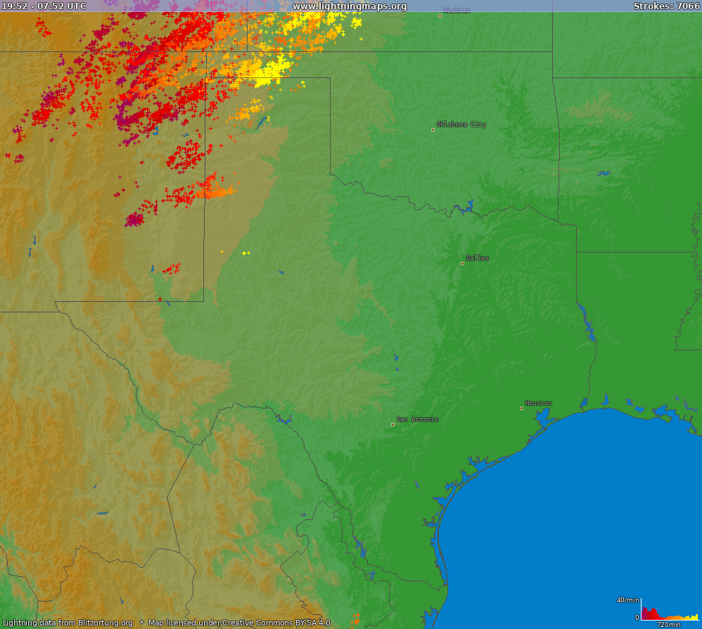 Lightning map Texas (Big) 2024.09.19 10:15:42 UTC