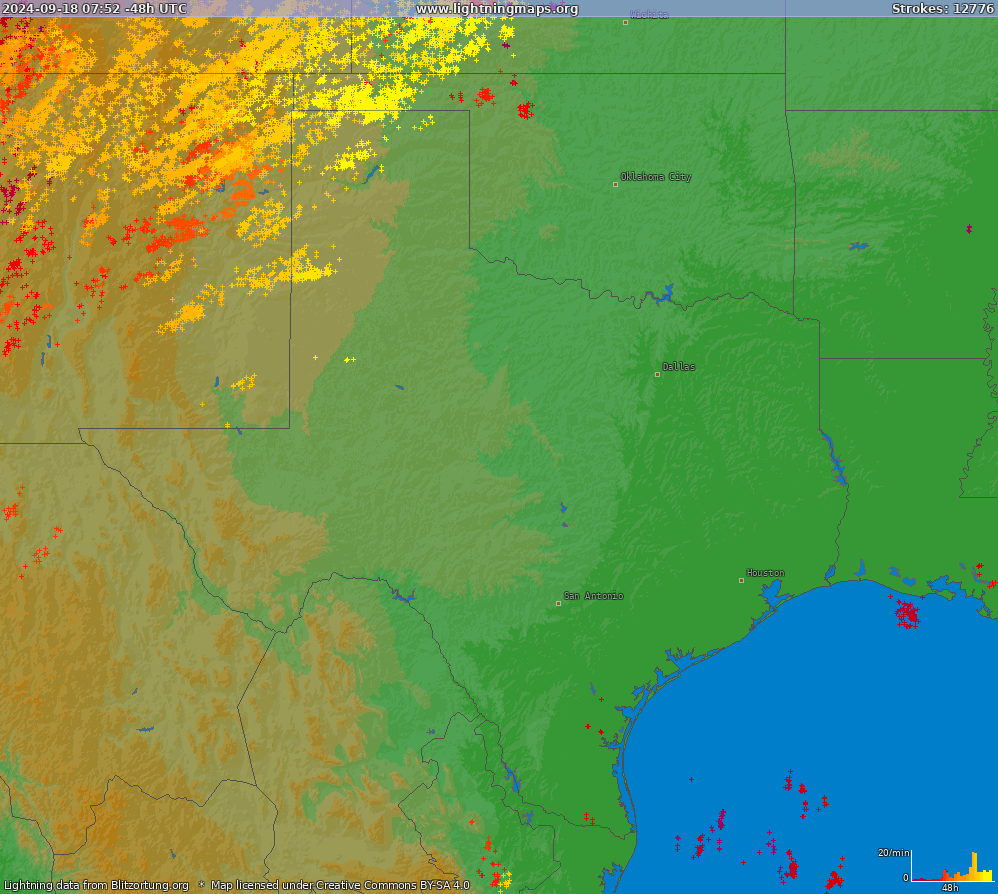 Mapa blesků Texas (Big) 19.09.2024 10:08:53 UTC