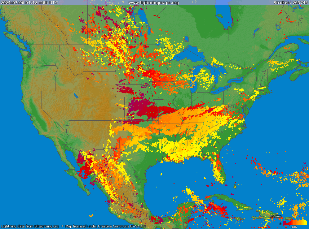 Mapa blesků USA (Big) 04.06.2024 14:24:56 UTC