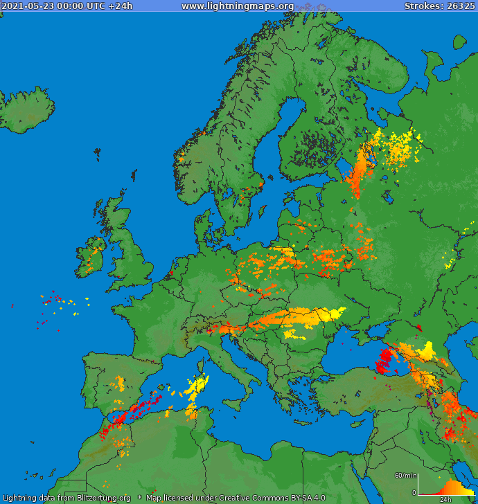 Mapa blesků Evropa 23.05.2021