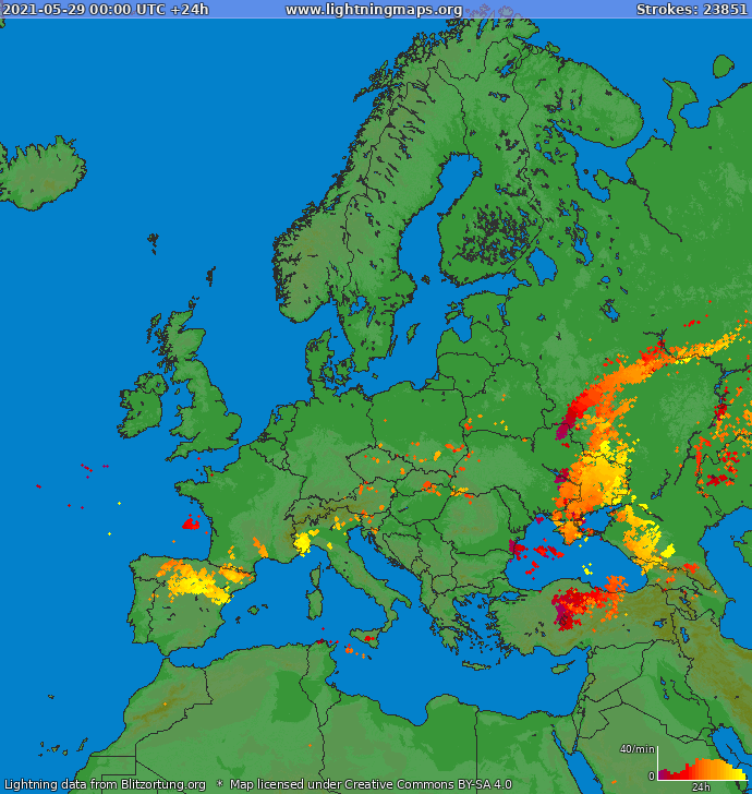 Mapa blesků Evropa 29.05.2021