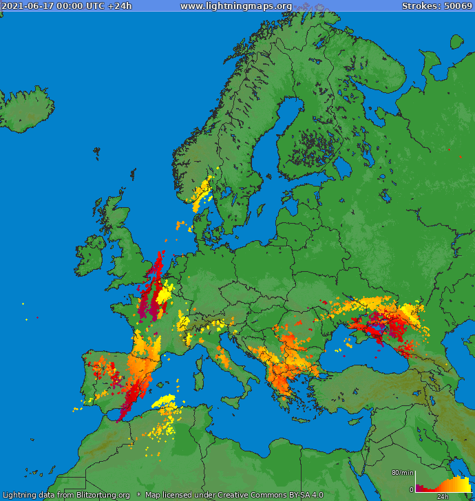 Mappa dei fulmini Europa 17.06.2021