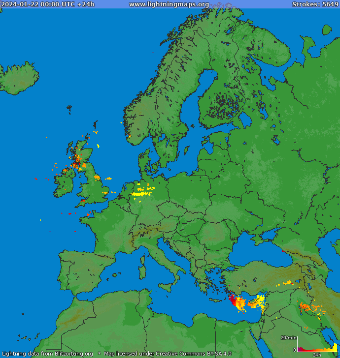 Lightning map Europe 2024-01-22