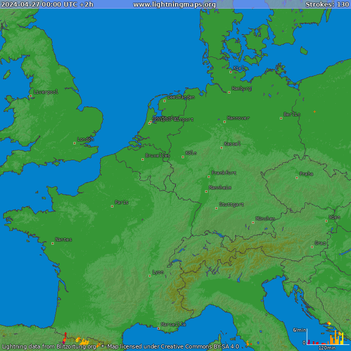Mappa dei fulmini Europa ovest 27.04.2024 (Animazione)