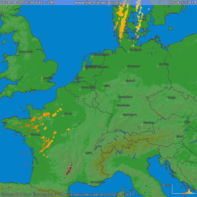 Mappa dei fulmini Europa ovest 28.04.2024