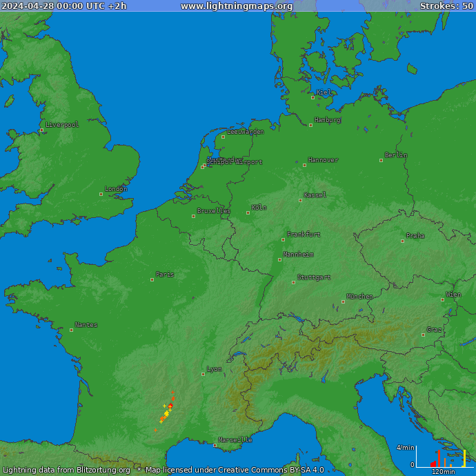 Mapa blesků Západní Evropa 28.04.2024 (Animace)