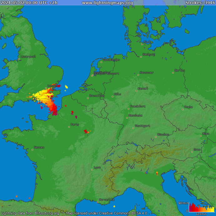 Lightning map Western Europe 2024-05-02 (Animation)