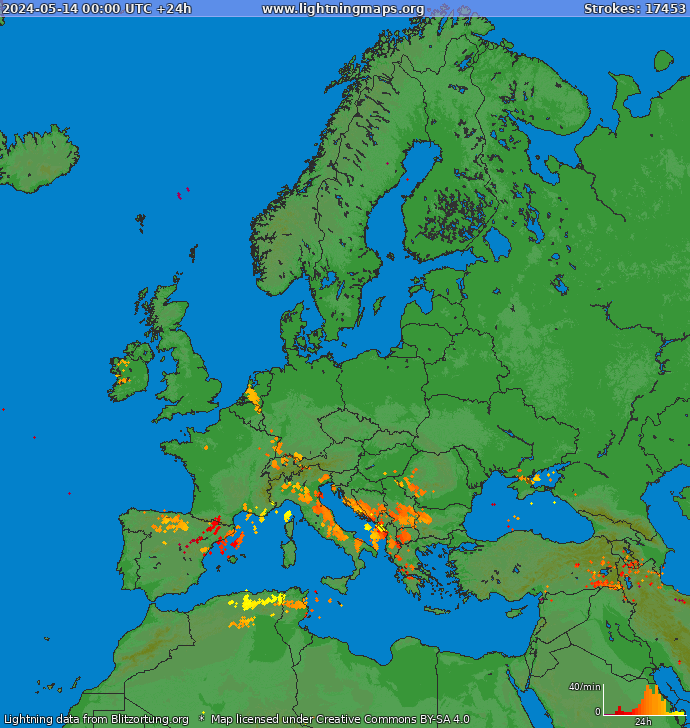 Bliksem kaart Europa 14.05.2024