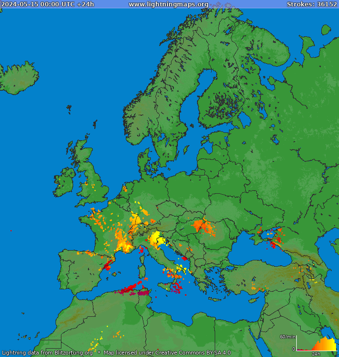 Bliksem kaart Europa 15.05.2024