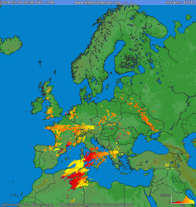 Mappa dei fulmini Europa 18.05.2024