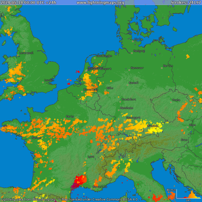Mapa bleskov Západná Európa 18.05.2024