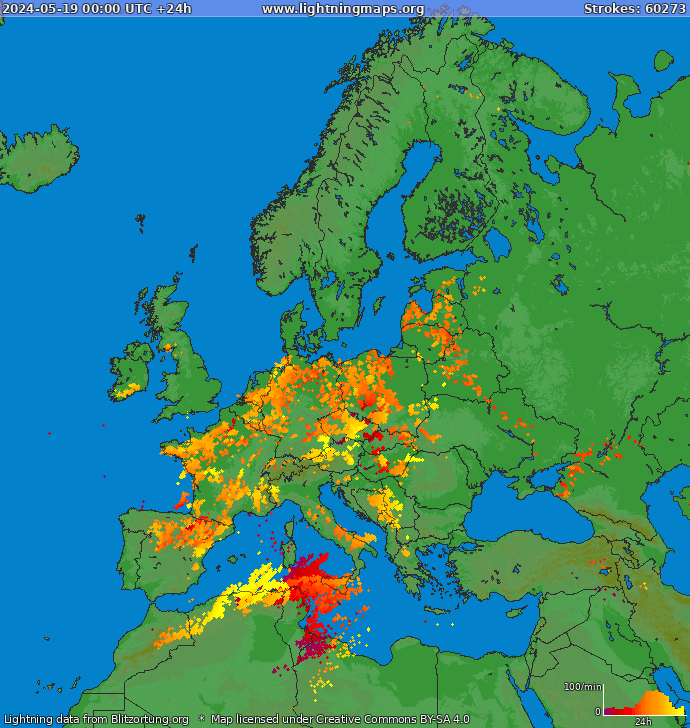 Mappa dei fulmini Europa 19.05.2024