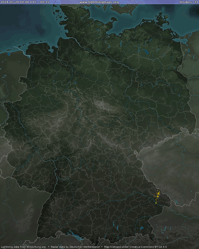 Mapa blesků Germany Radar 20.05.2024 (Animace)