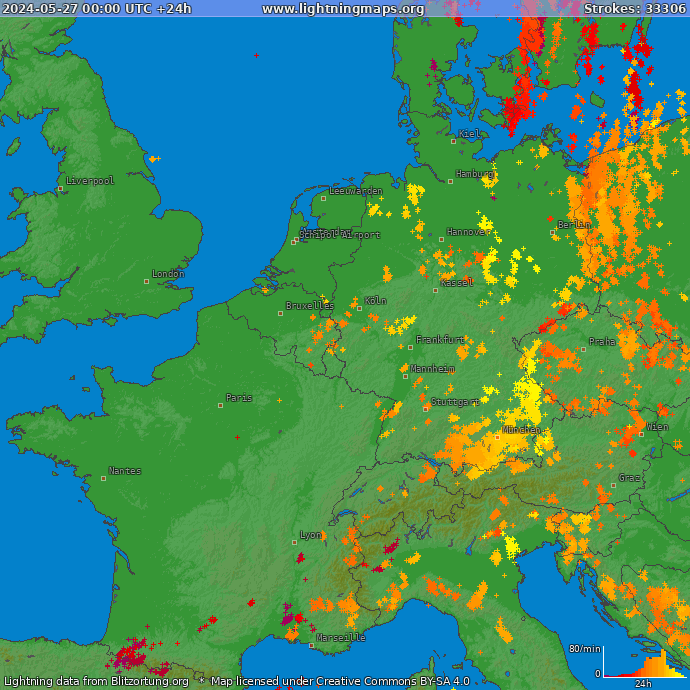 Mapa bleskov Západná Európa 27.05.2024