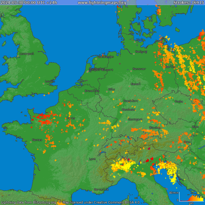 Lightning map Western Europe 2024-05-30