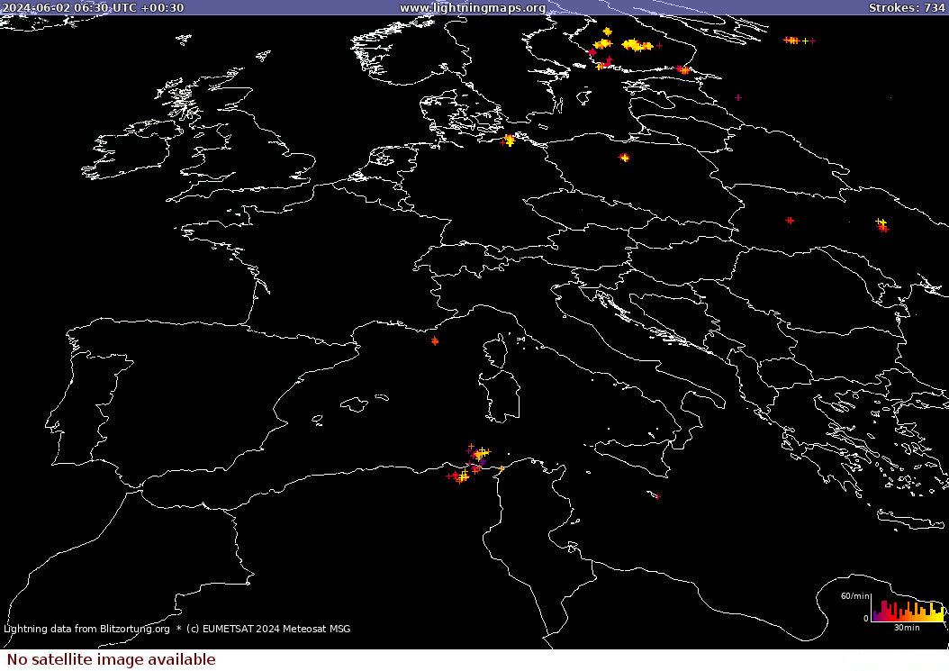 Lightning map Sat: Europe Clouds + Rain 2024-06-02 (Animation)