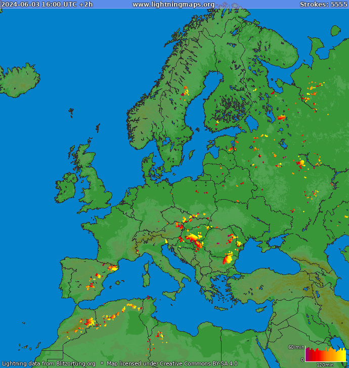 Lightning map Europe 2024-06-03 (Animation)