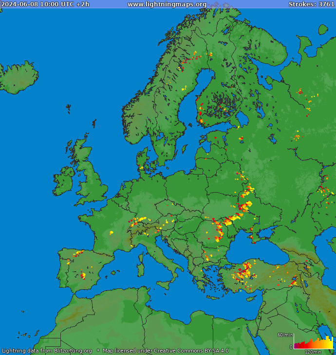Mappa dei fulmini Europa 08.06.2024 (Animazione)