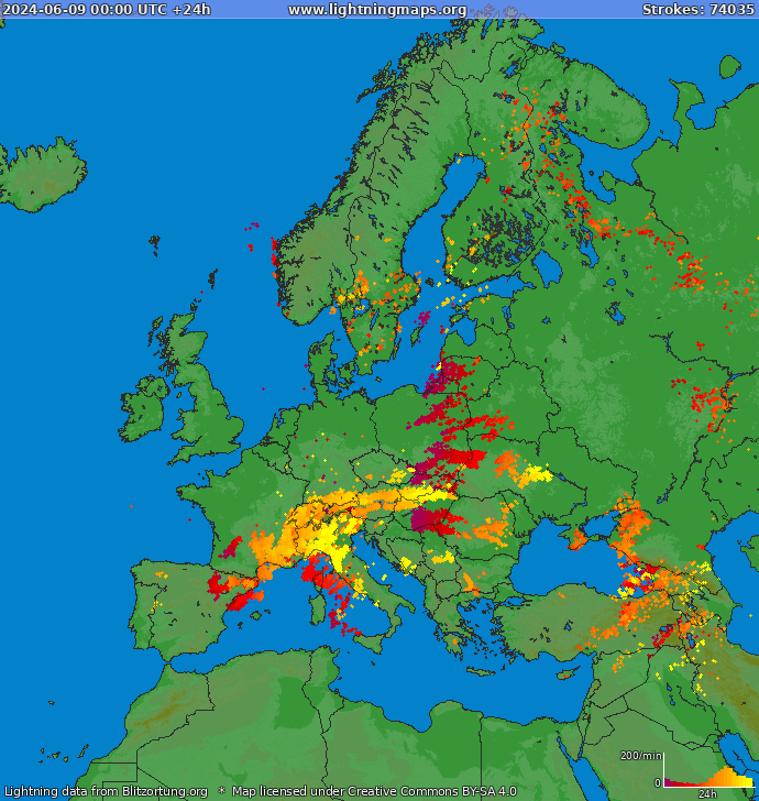 Mappa dei fulmini Europa 09.06.2024