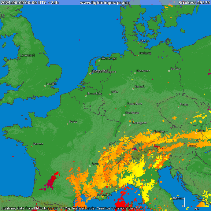 Lightning map Western Europe 2024-06-09