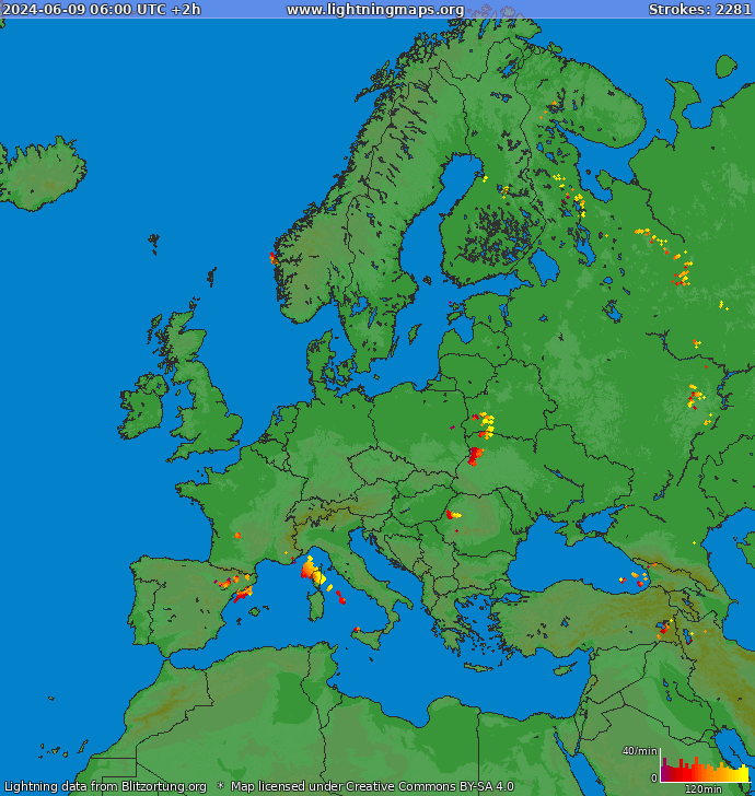 Mapa blesků Evropa 09.06.2024 (Animace)