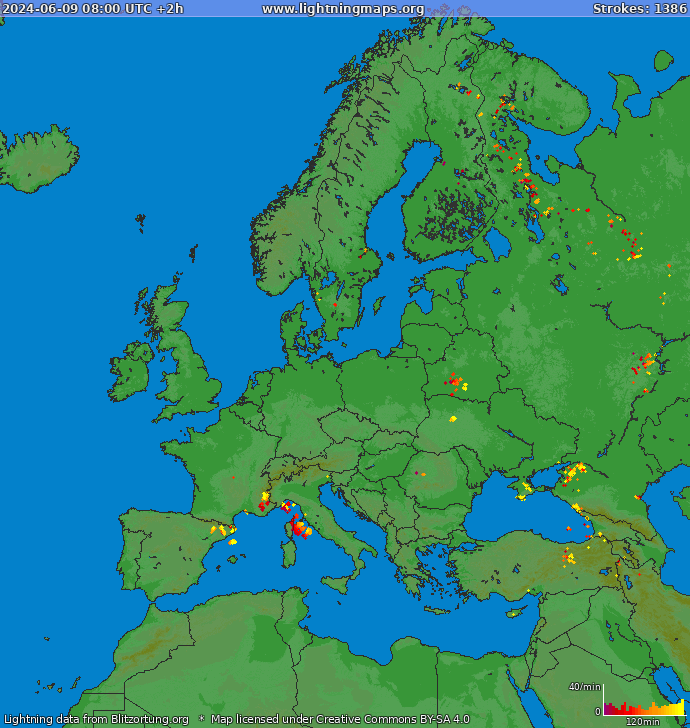 Карта блискавок Європа 09.06.2024 (Анімація)