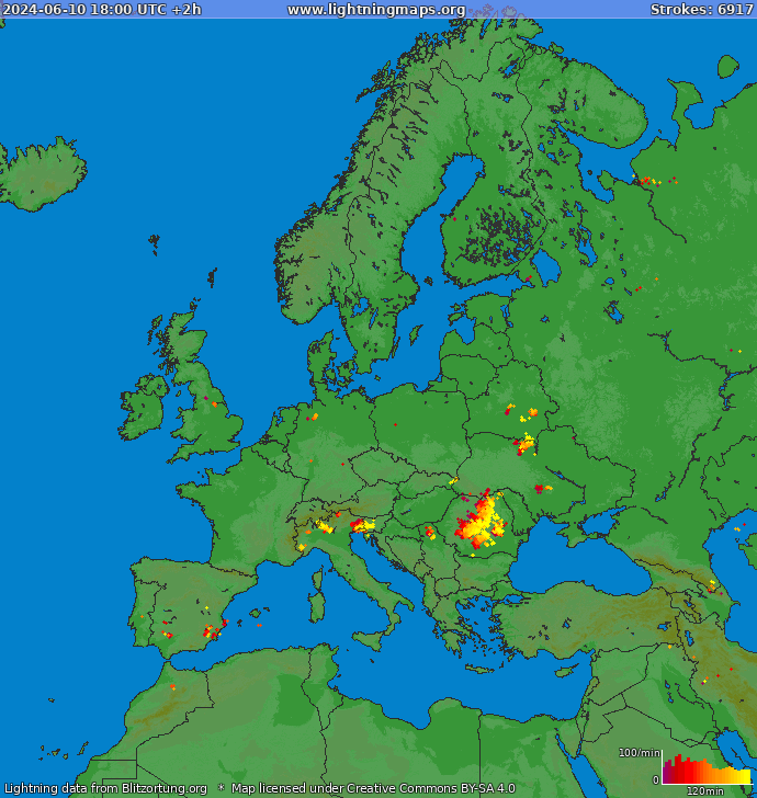 Mapa bleskov Európa 10.06.2024 (Animácia)