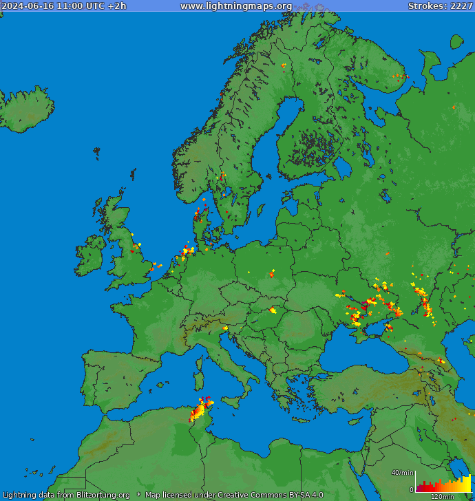 Mapa blesků Evropa 16.06.2024 (Animace)