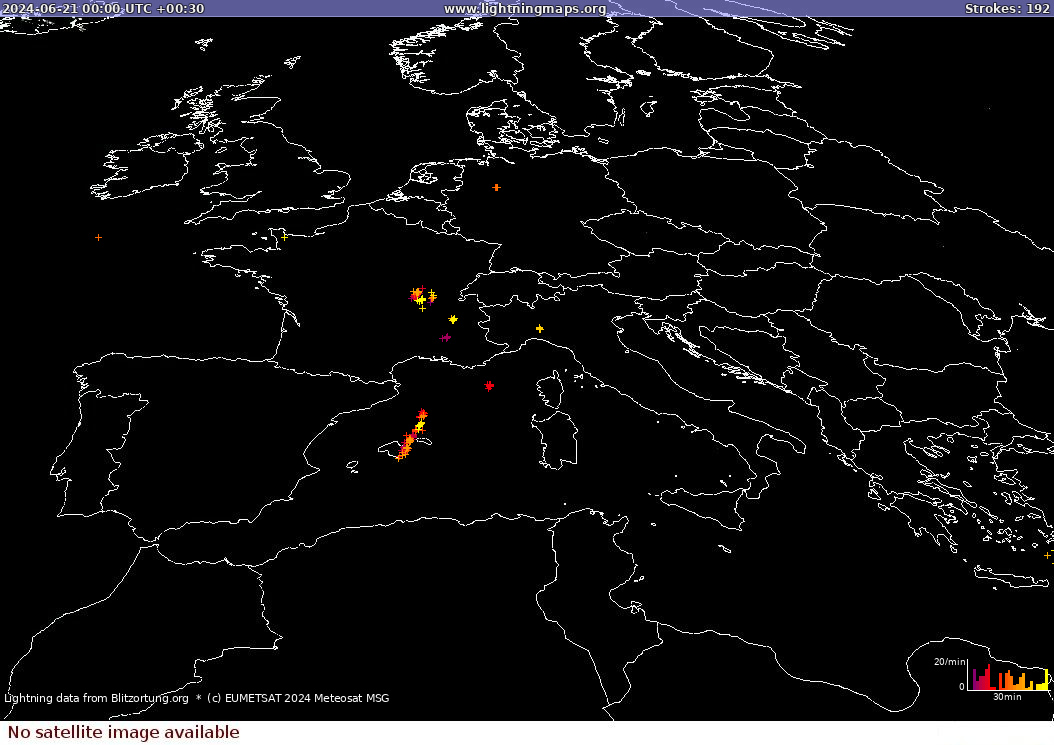 Lightning map Sat: Europe Clouds + Rain 2024-06-21 (Animation)
