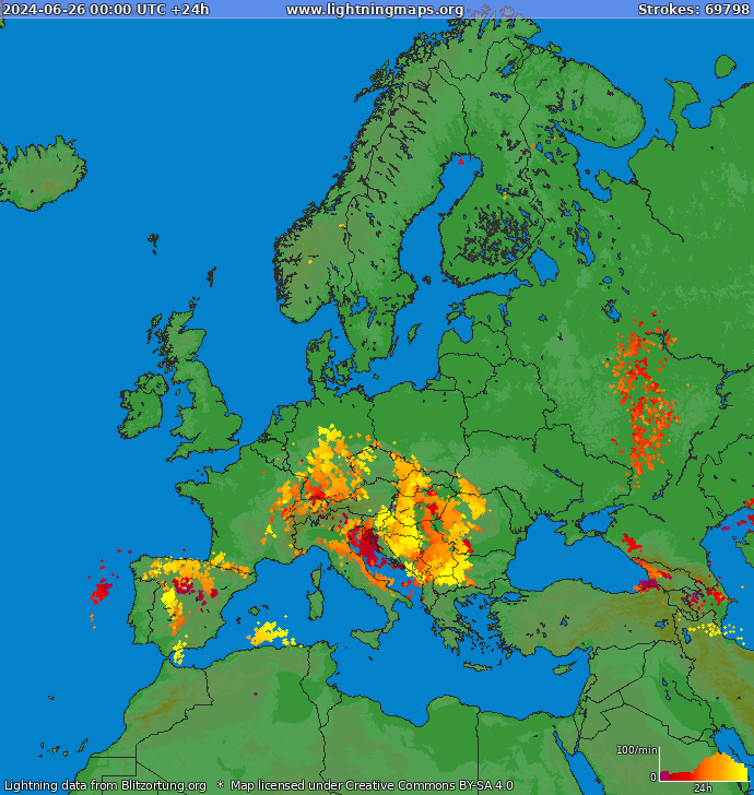 Lightning map Europe 2024-06-26