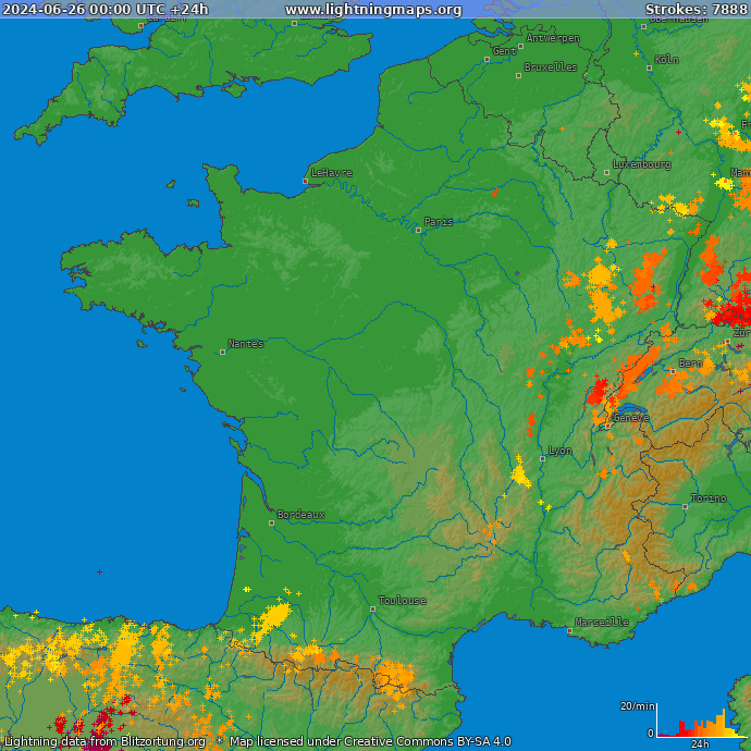 Карта блискавок Франція 26.06.2024