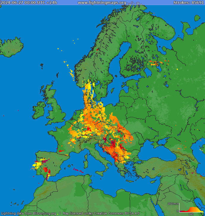 Mapa blesků Evropa 27.06.2024