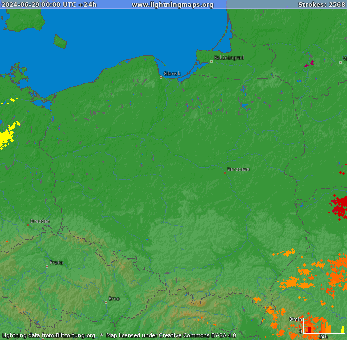 Карта блискавок Польща 29.06.2024