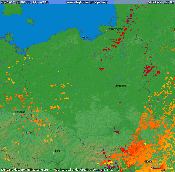Карта блискавок Польща 01.07.2024
