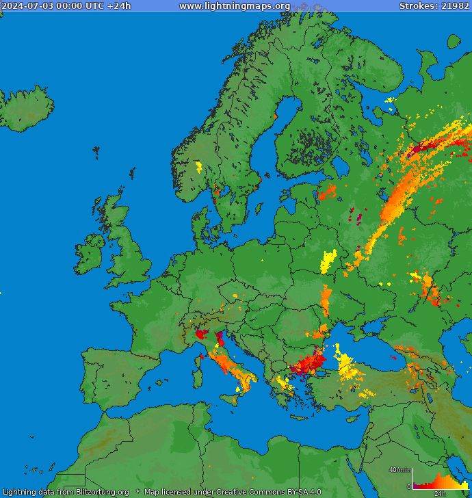 Карта блискавок Європа 03.07.2024