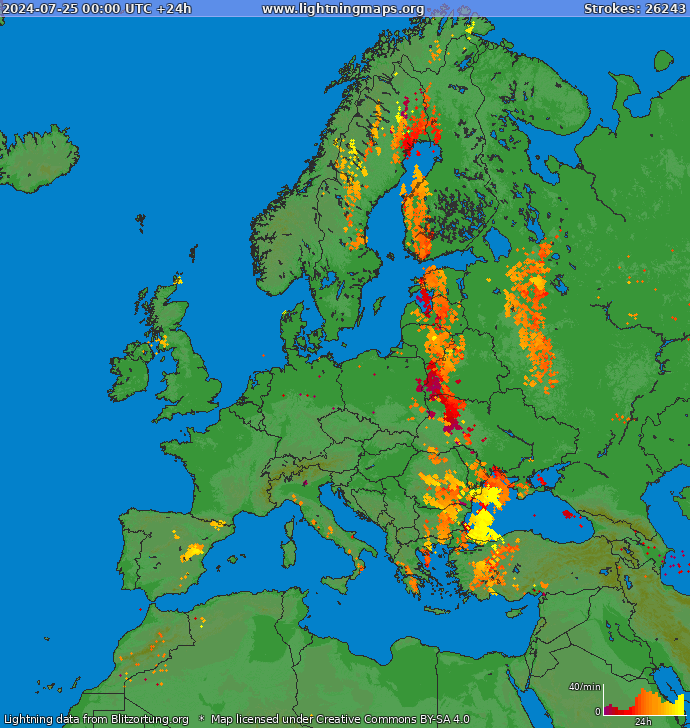 Lightning map Europe 2024-07-25
