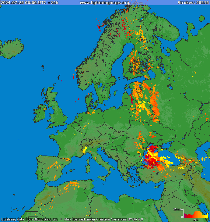 Lightning map Europe 2024-07-26