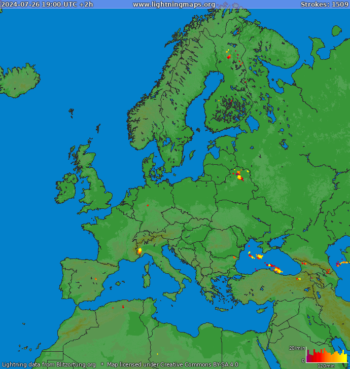 Carte de la foudre Europe 26/07/2024 (Animation)