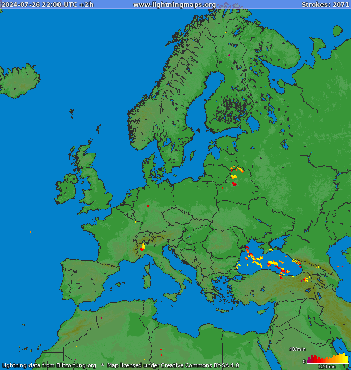 Mapa bleskov Európa 27.07.2024 (Animácia)