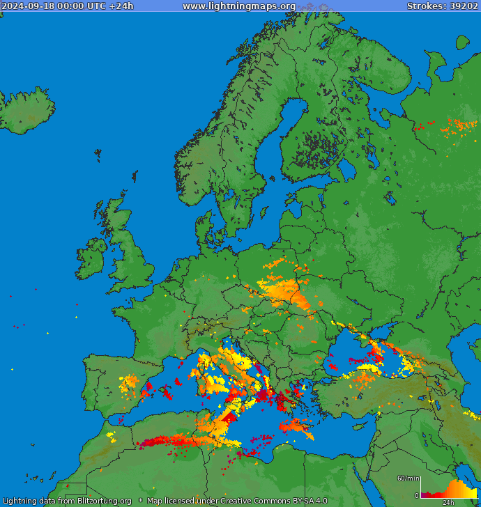 Lightning map Europe 2024-09-18