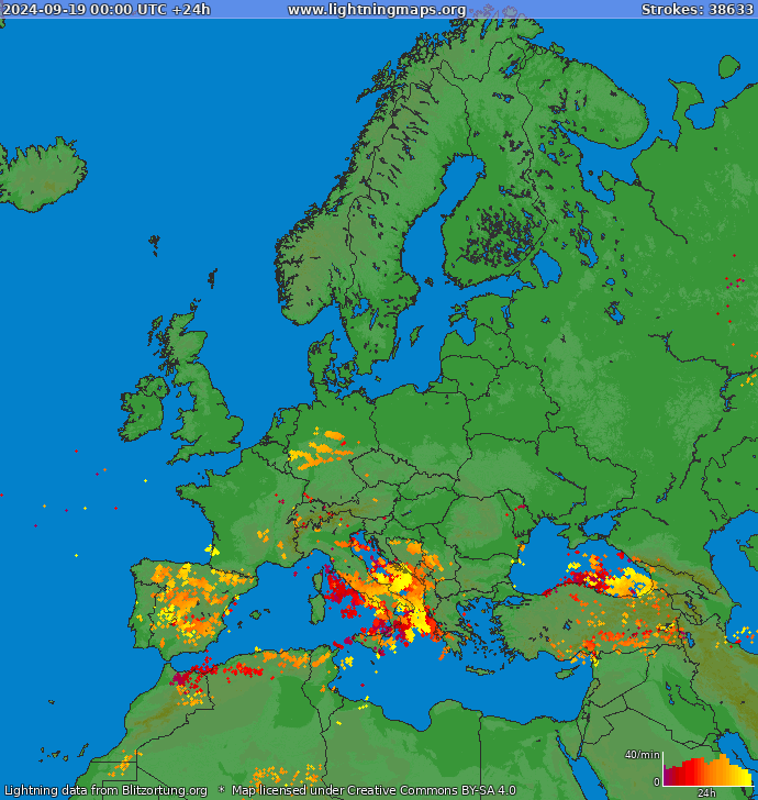 Mappa dei fulmini Europa 19.09.2024