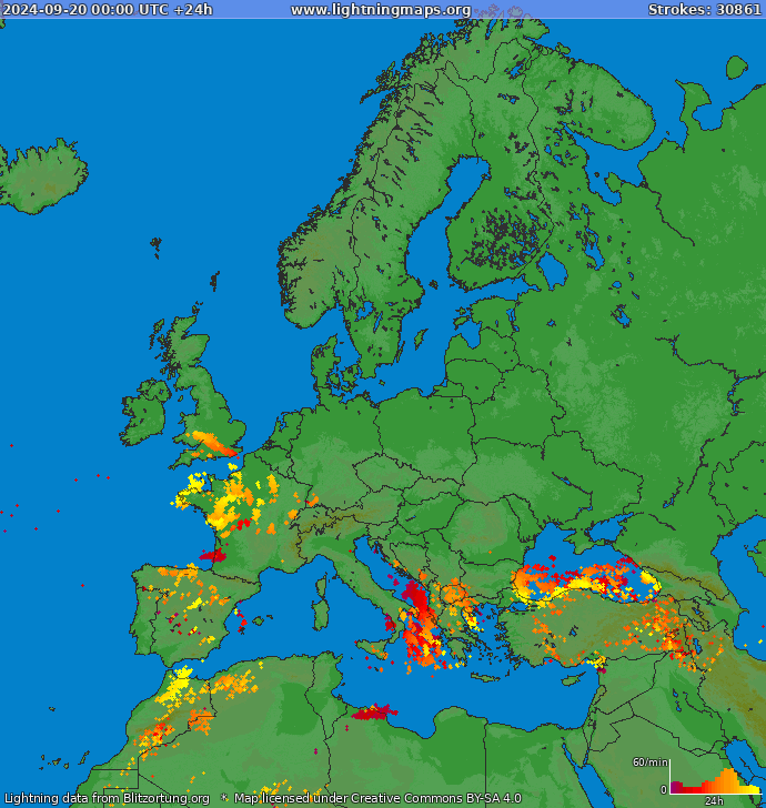 Mapa bleskov Európa 20.09.2024