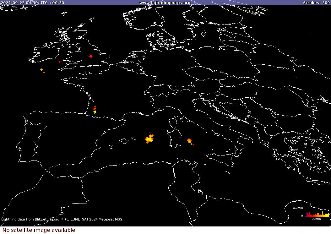 Mappa dei fulmini Sat: Europe Clouds + Rain 22.09.2024 (Animazione)